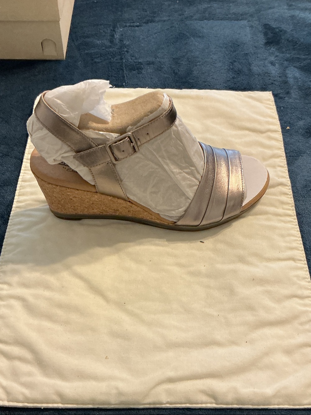 Clarks Metallic Silver Wedge Sandals with Cork Heel